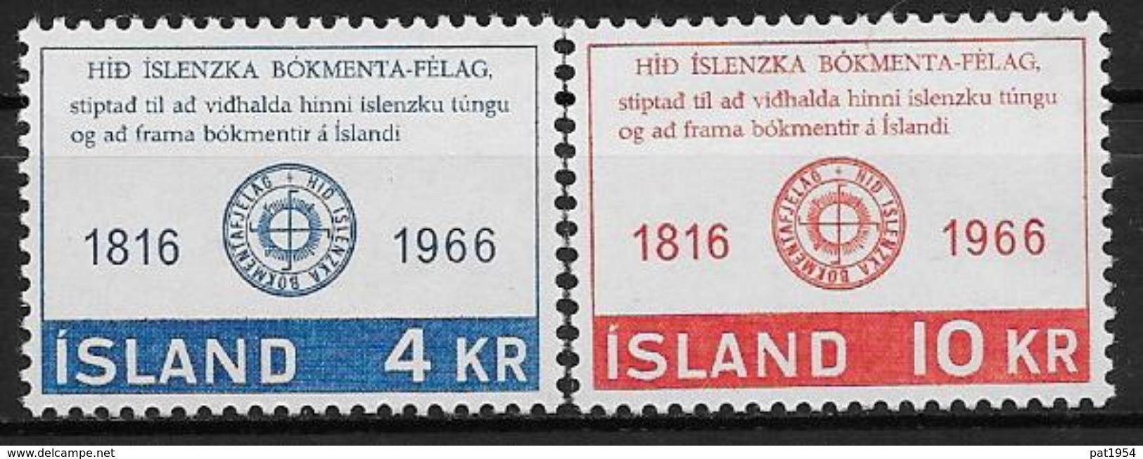 Islande 1966 N° 361/362  Neufs ** MNH Société De Littérature - Neufs