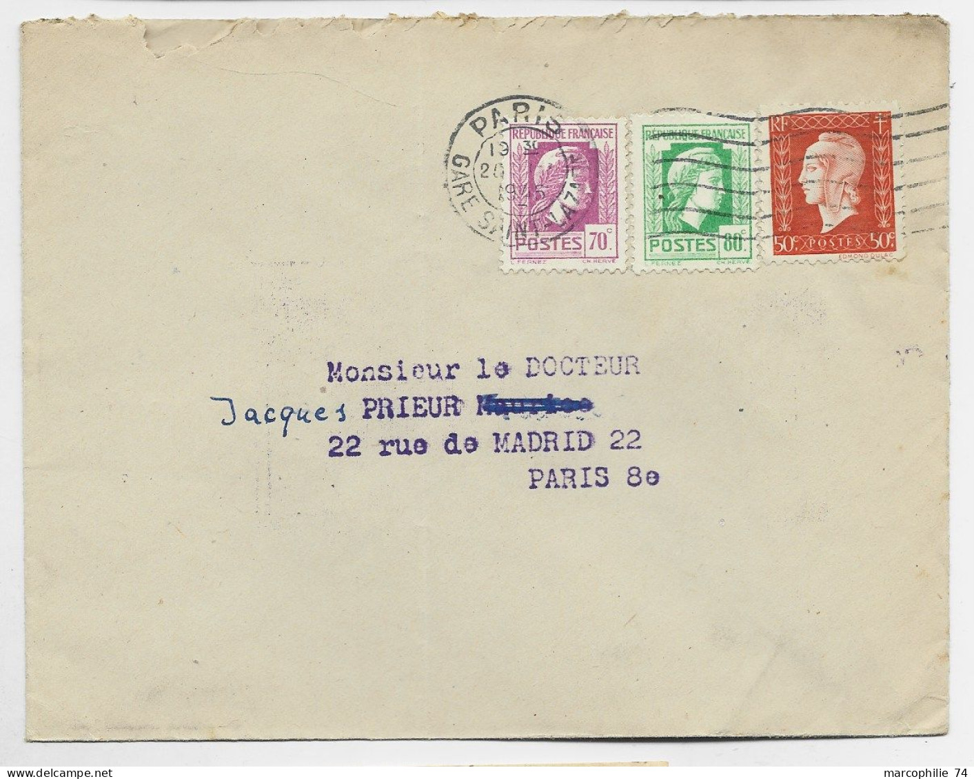 MARIANNE ALGER 70C+80C+50C DULAC LETTRE COVER PARIS 20.III.1945 AU TARIF - 1944 Hahn Und Marianne D'Alger