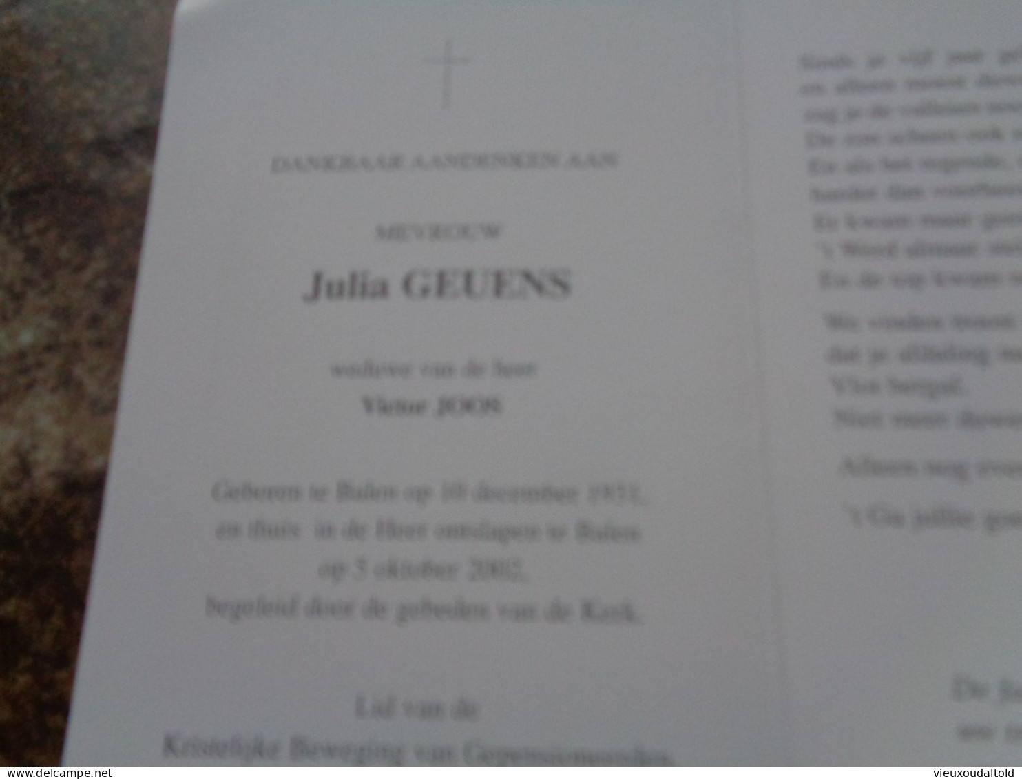 Doodsprentje/Bidprentje  Julia GEUENS   Balen 1931-2002  (Wwe Victor JOOS) - Religion & Esotérisme