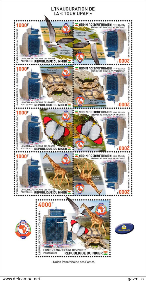 Niger 2023, PAPU, Giraffe, Butterfly, Turtle, Bird, Join Issue, 9val In Block - Jirafas