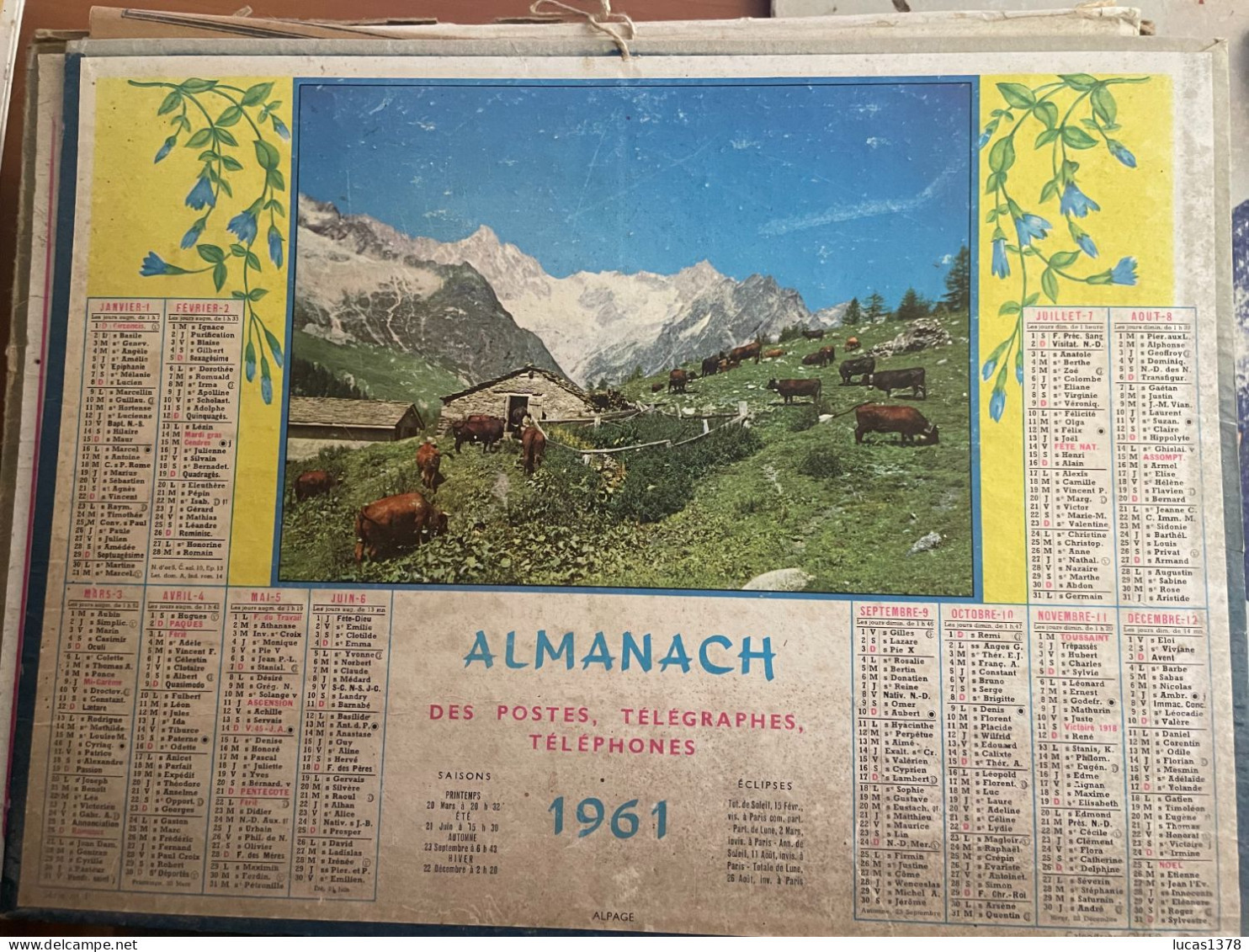 CALENDRIER ALMANACH DES POSTES  1961 / ALPAGE - Grand Format : 1961-70