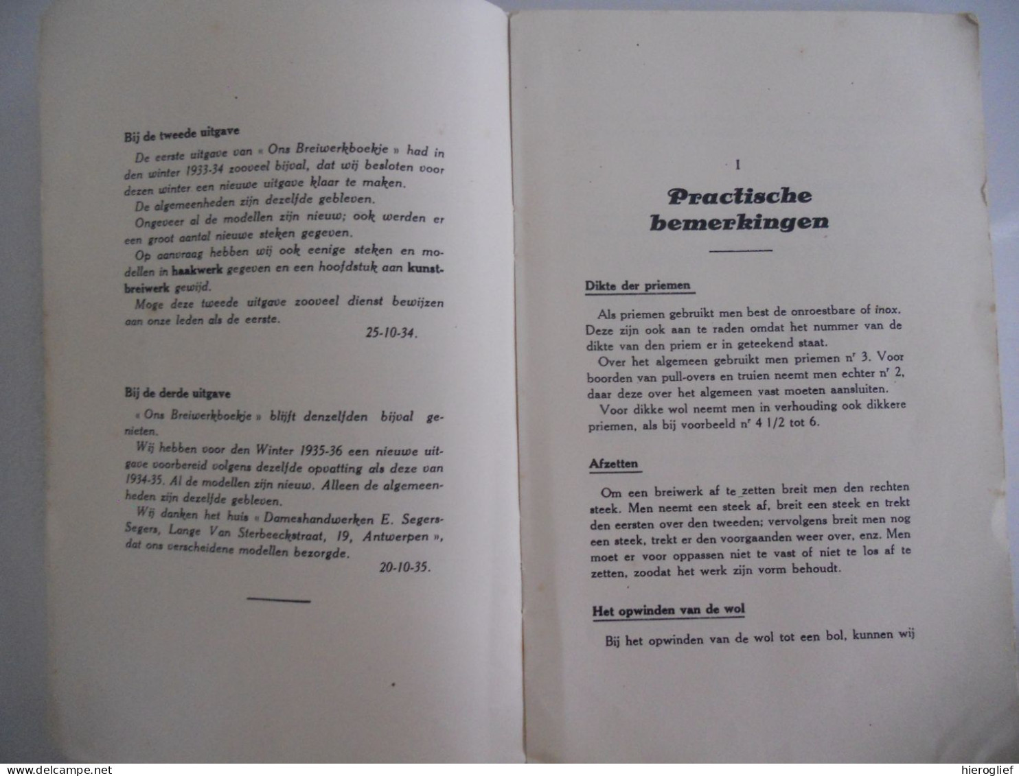 Ons Breiwerkboekje 1935 Belgischen Boerenbond / Breiwerk Breien Handwerk Siersteken Haken Boerinnenbond KVLV Ferm - Sachbücher