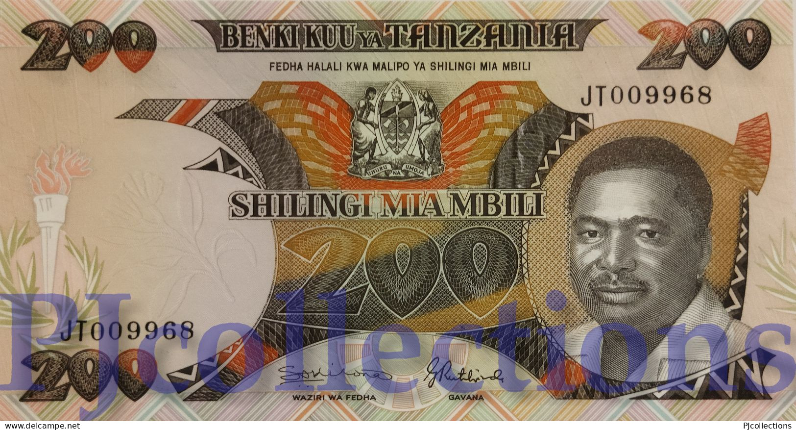 TANZANIA 200 SHILINGI 1992 PICK 20 UNC LOW SERIAL NUMBER "JT009968" - Tansania