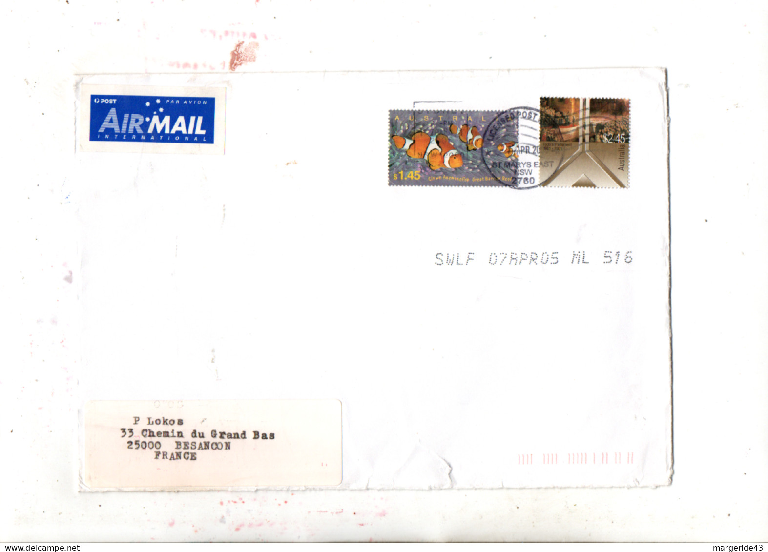 AUSTRALIE AFFRANCHISSEMENT COMPOSE SUR LETTRE AVION POUR LA FRANCE 2005 - Storia Postale