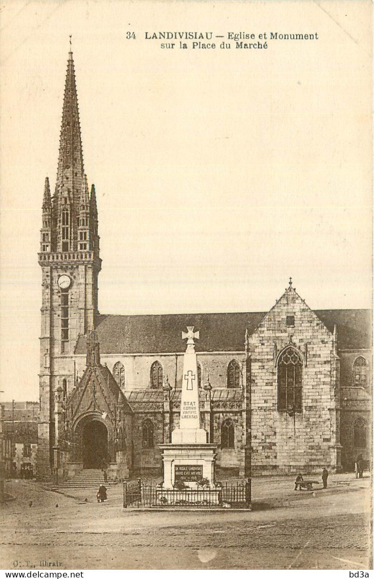 29 - LANDIVISIAU - EGLISE ET MONUMENT SUR LA PLACE DU MARCHE - O.T. Librair. - 34 - Landivisiau