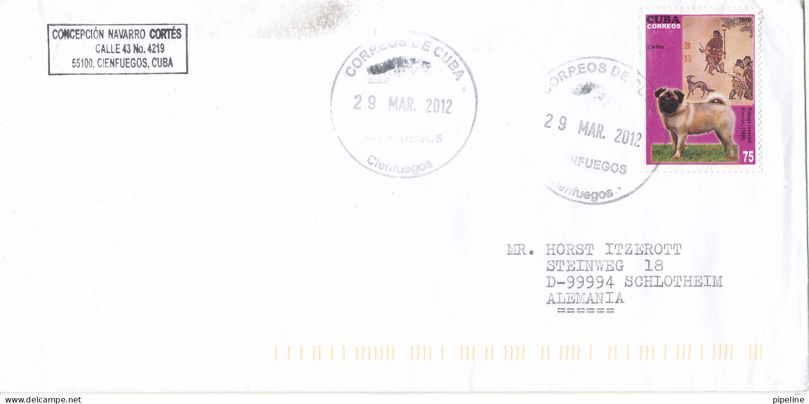 Cuba Cover Sent Air Mail To Germany 29-3-2012 Single Franked DOG - Lettres & Documents