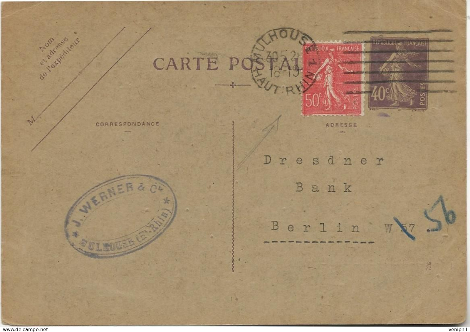 ENTIER POSTAL 236 CP1 + AFFRANCHISSEMENT N° 199 -OBLITERATION DAGUIN 7 LIGNES -CAD MULHOUSE- 30/5/1928-MACHINE ALLEMANDE - Cartas & Documentos