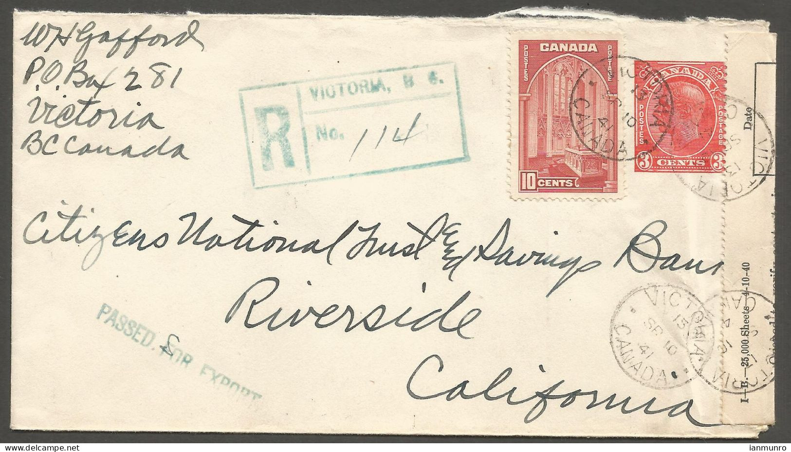 1941 Registered Cover 13c Rate With Uprated GVI PSE CDS Victoria BC FECB - Histoire Postale