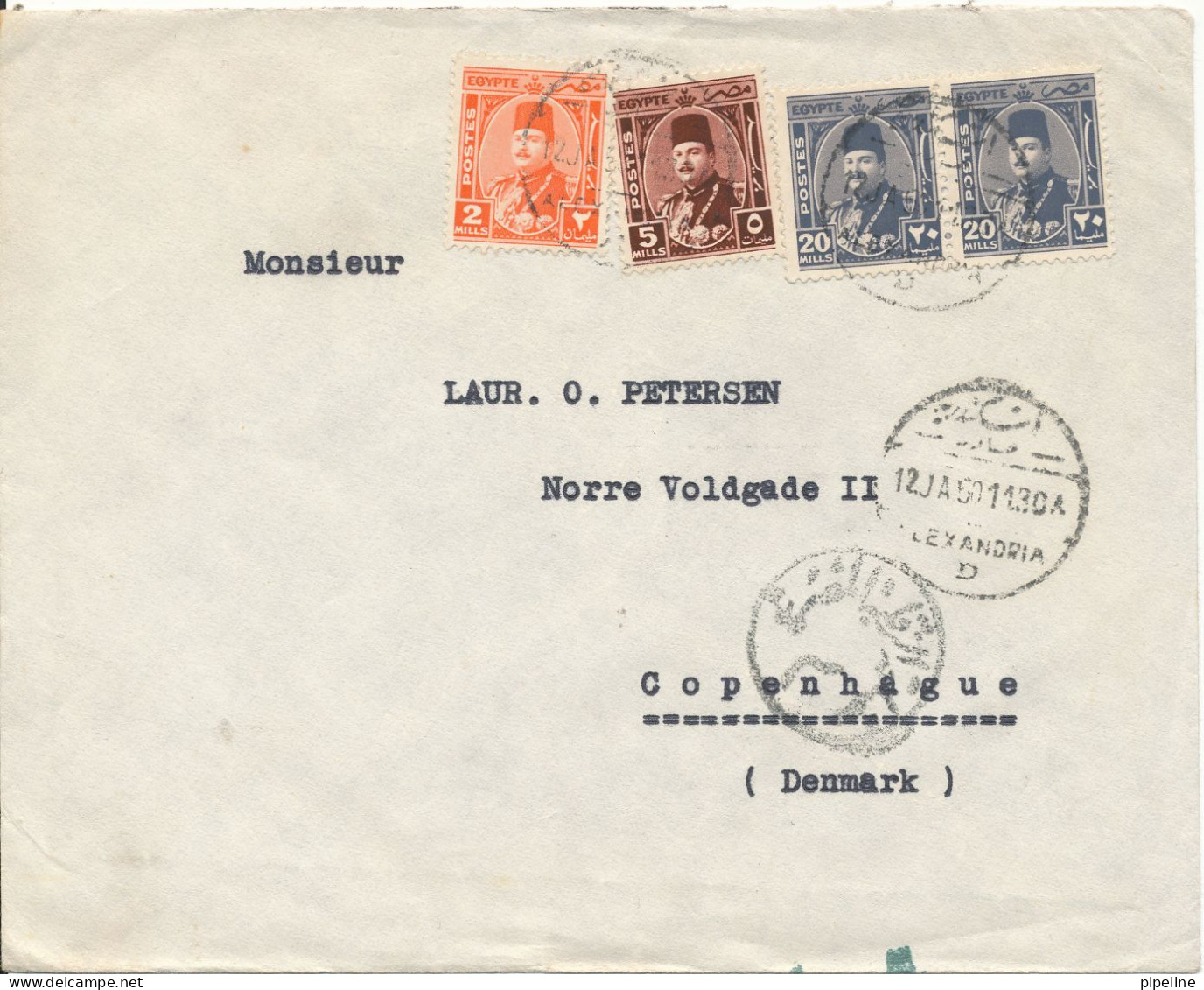 Egypt Cover Sent To Denmark Alexandria 12-1-1950 - Cartas & Documentos