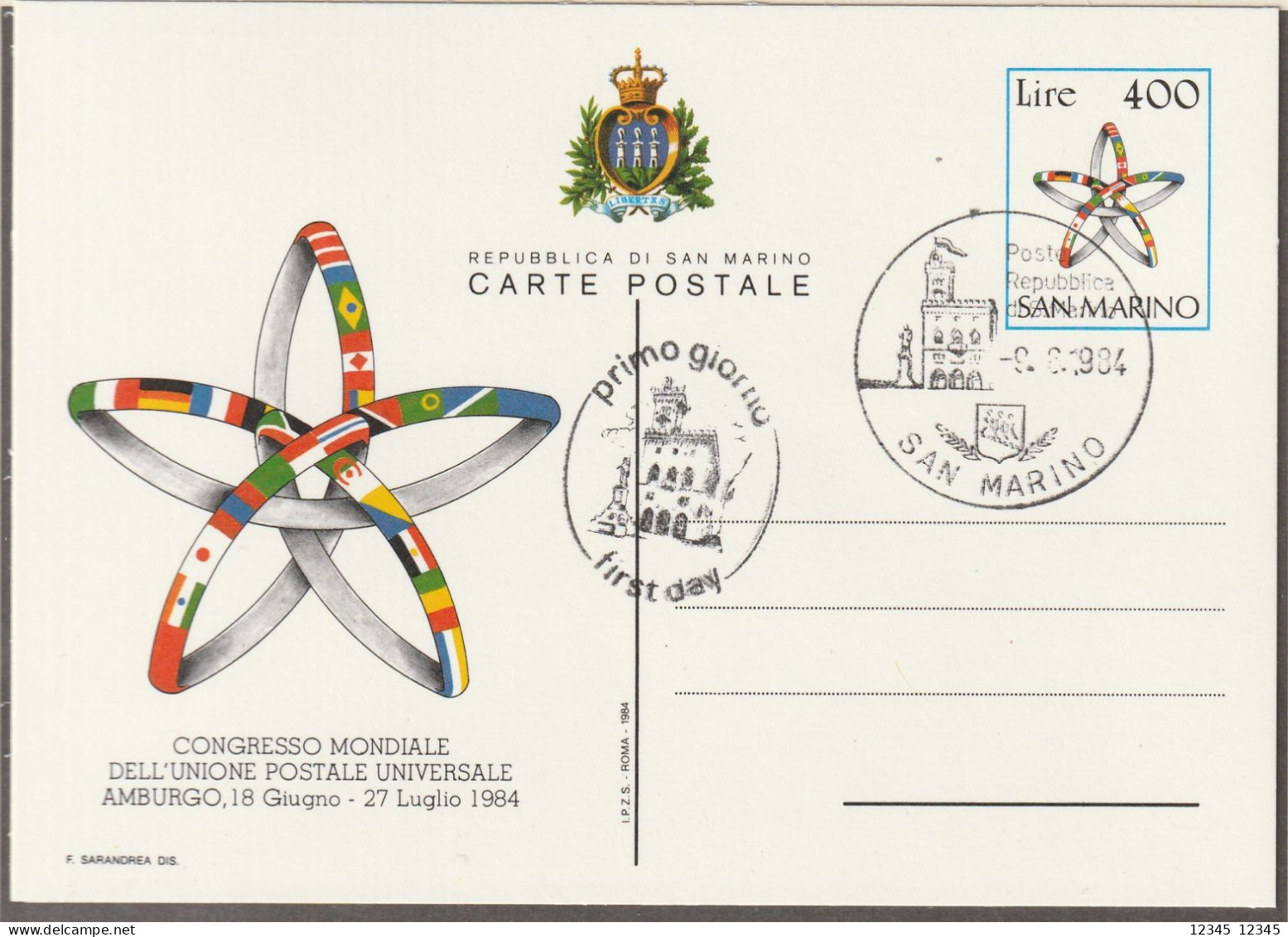 San Marino 1984, Postcard, World Congress Hamburg 1984 (Text Is Not Included) - Entiers Postaux