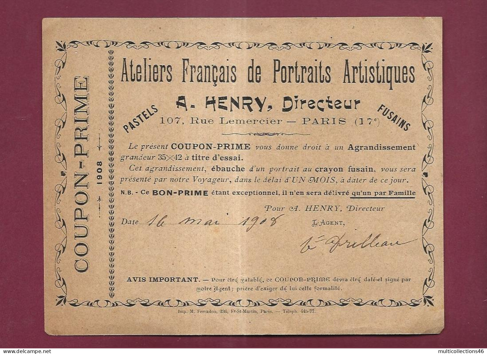 040224 - Coupon Prime 1908 - A. HENRY Atelier Portrait Photographie Pastel Fusain - 1 Agrandissement 35x42 - Notgeld