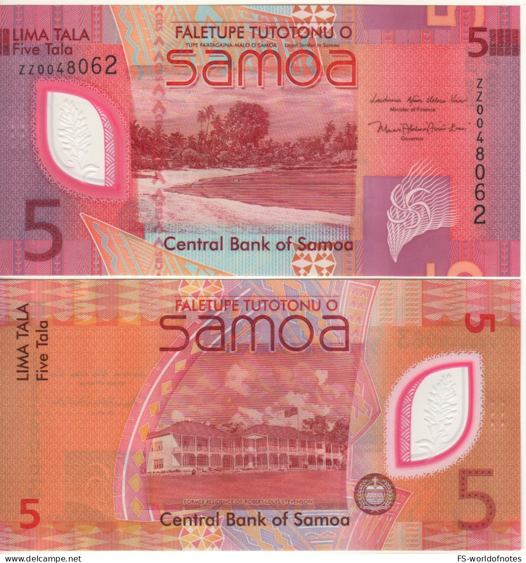 SAMOA  New 5 Tala  PW47  (2023   POLIMER )  ZZ = REPLACEMENT Serie   " Beach At Front +  Homes  At Back"   UNC - Samoa