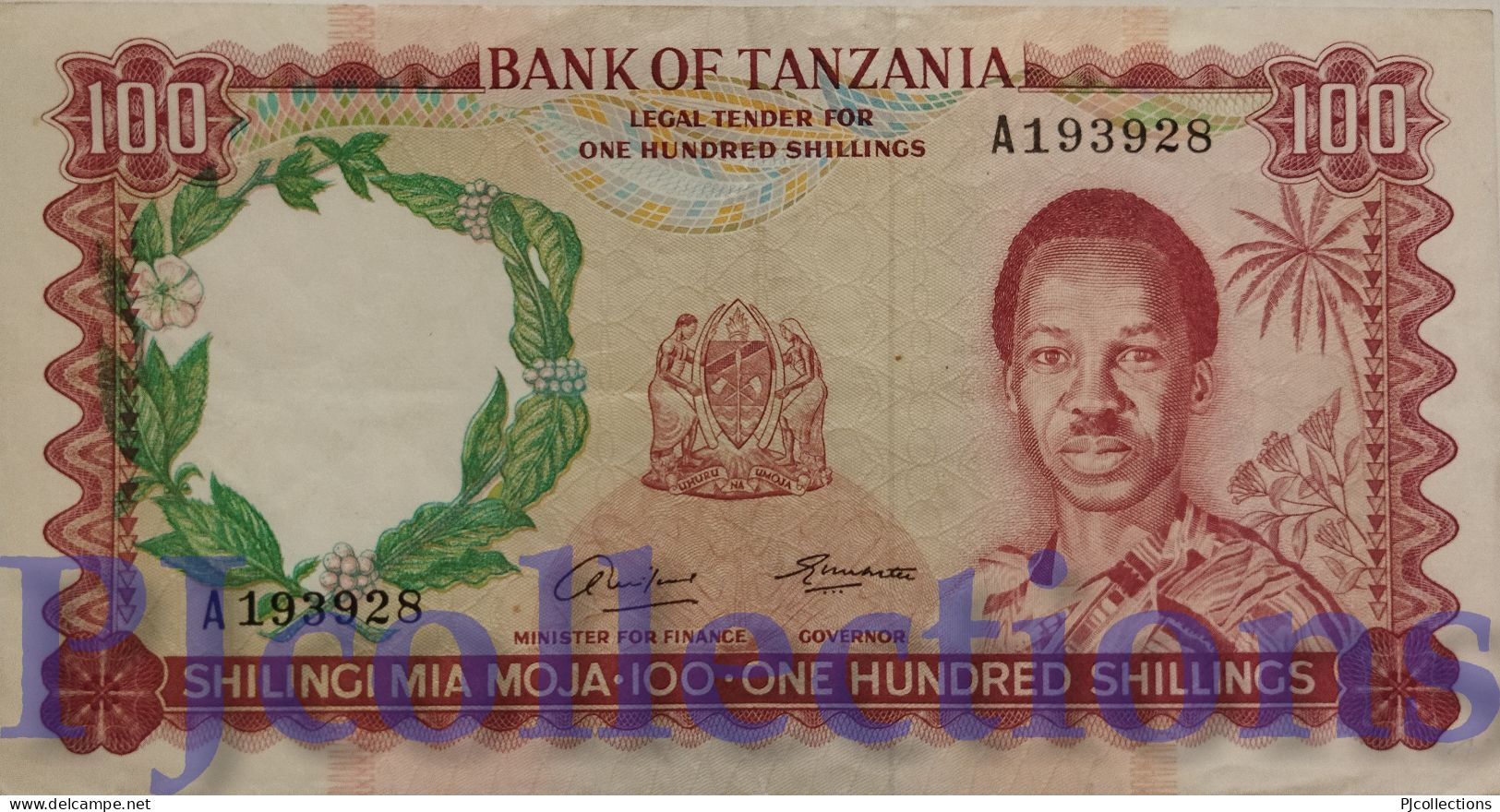 TANZANIA 100 SHILINGI 1966 PICK 4 AU PREFIX "A" W/PIN HOLES RARE - Tansania