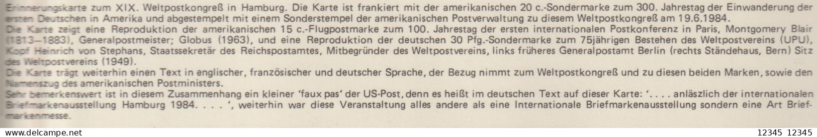Amerika 1984, Memory Card, Universal Postal Congress Hamburg 1984 (text Is Not Included) - Cartas & Documentos