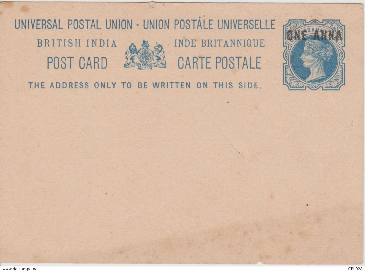 British India Inde Queen Victoria Post Card Entier Postal Stationery PWS One Anna - 1858-79 Kronenkolonie