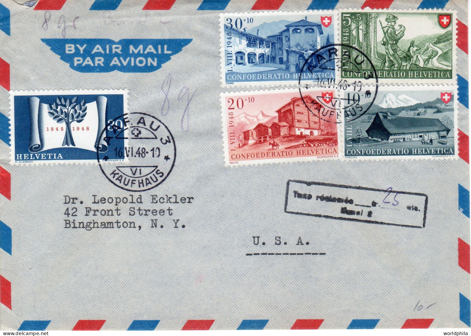 Switzerland / Suisse / Schweiz-USA 1948 Postage Due Claimed Pro Patria Full Set On Cover. - Brieven En Documenten
