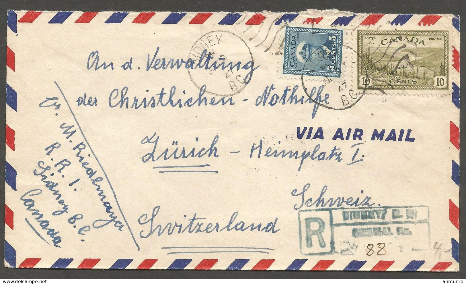 1947 Registered Airmail Cover 15c War/Peace Sidney BC To Switzerland (receiver) - Histoire Postale