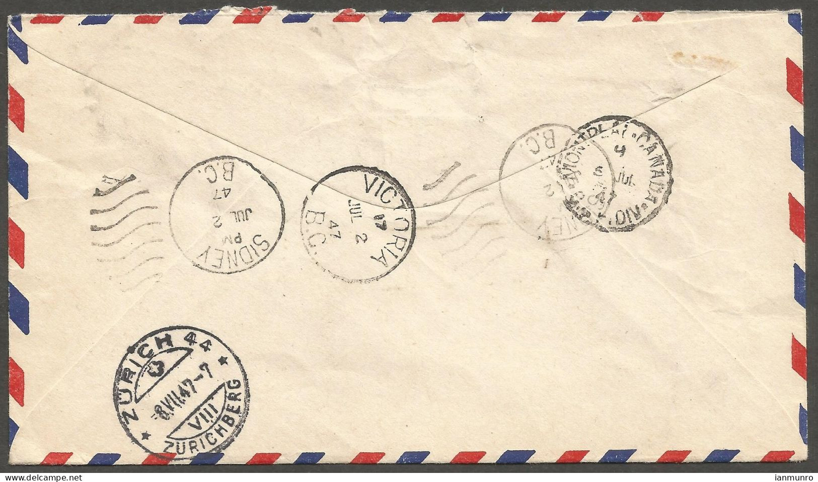 1947 Registered Airmail Cover 15c War/Peace Sidney BC To Switzerland (receiver) - Historia Postale