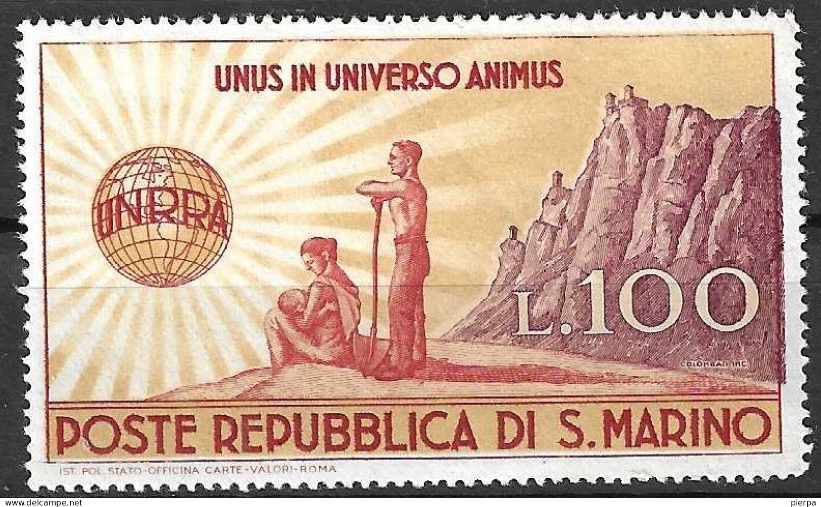 SAN MARINO -1946 -NAZIONI UNITE - U.N.R.R.A. - LIRE 100 - NUOVO MH* ( YVERT 278- MICHEL 350  - SS 296) - Neufs