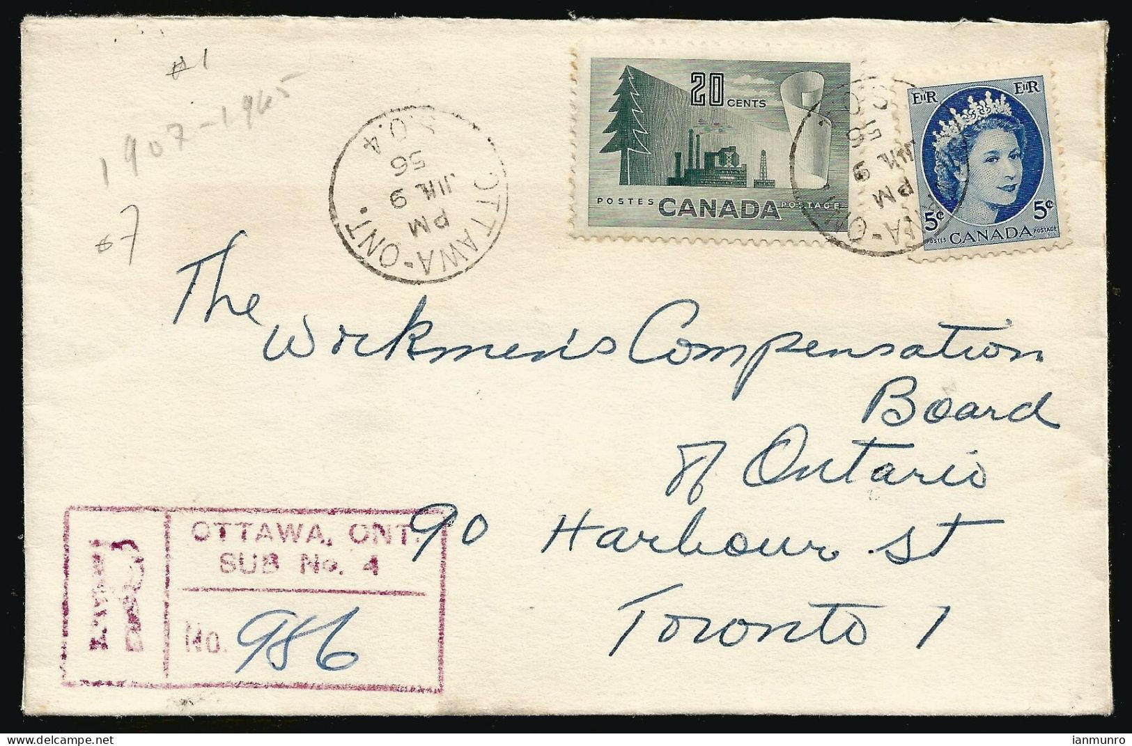 1956 Registered Cover 25c Wilding Forestry CDS Ottawa Sub No 4 Ontario - Postgeschiedenis