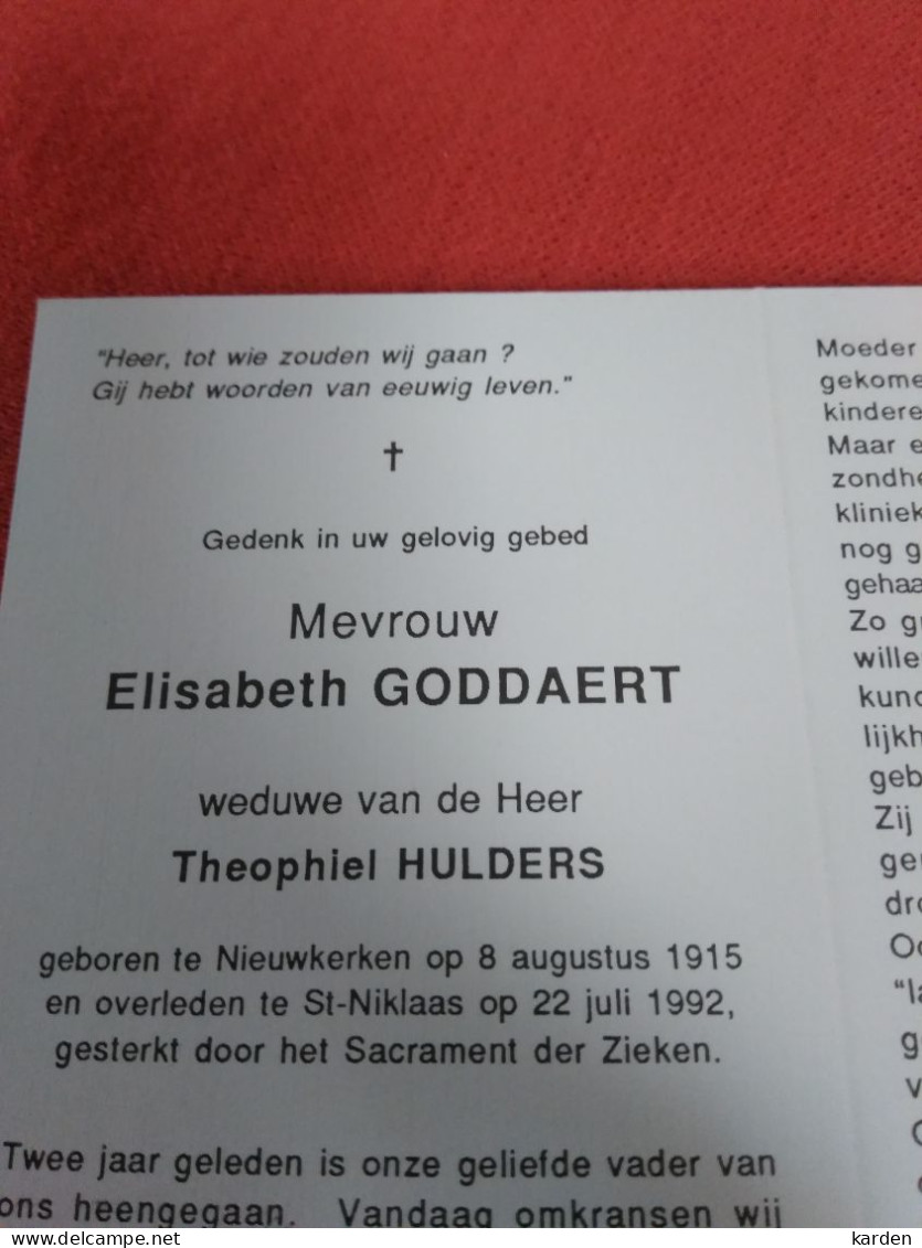 Doodsprentje Elisabeth Goddaert / Nieuwkerken 8/8/1915 Sint Niklaas 22/7/1992 ( Theophiel Hulders ) - Religion & Esotérisme