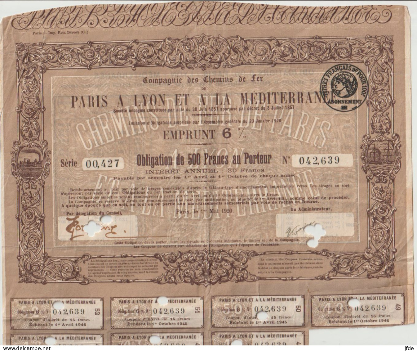 Décoré CHEMINS De FER PLM (Paris Lyon Méditerrannée) 1920 500F - Chemin De Fer & Tramway