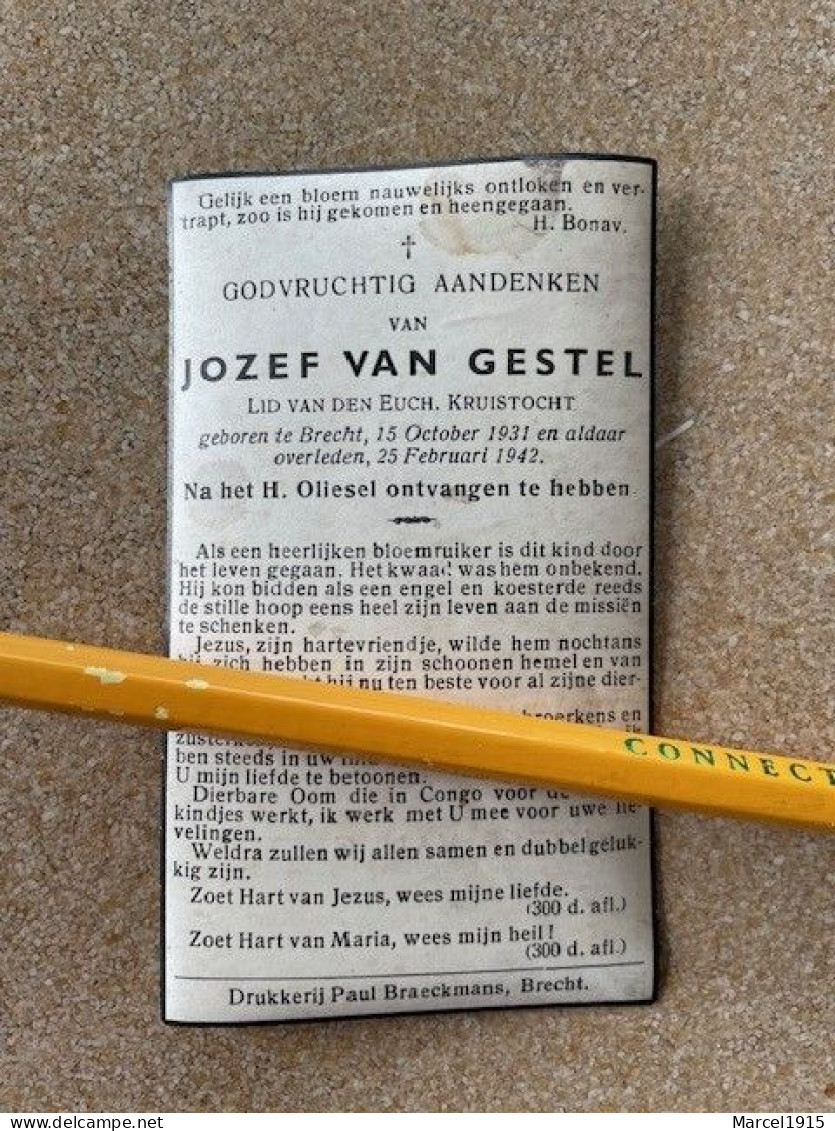 BP Jongeheer JOZEF VAN GESTEL ° BRECHT 15/10/1931 En Er Overleden 25/2/1942, - Religion & Esotérisme