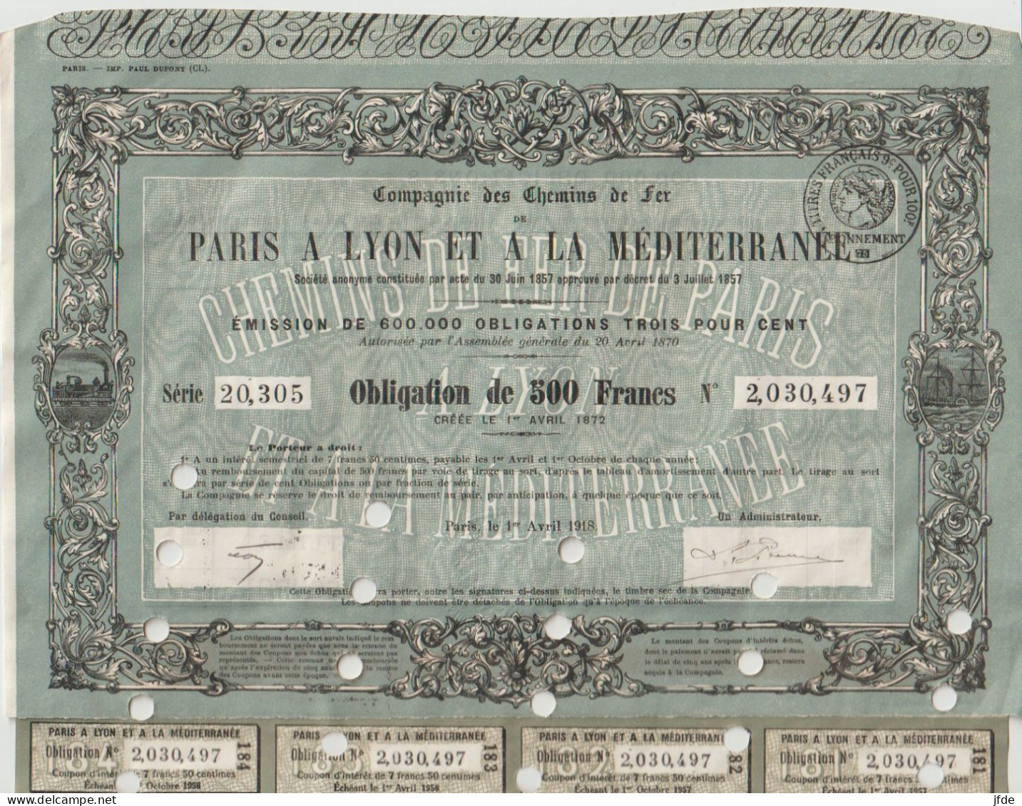 Décoré CHEMINS De FER PLM (Paris Lyon Méditerrannée) 1918 500F - Chemin De Fer & Tramway
