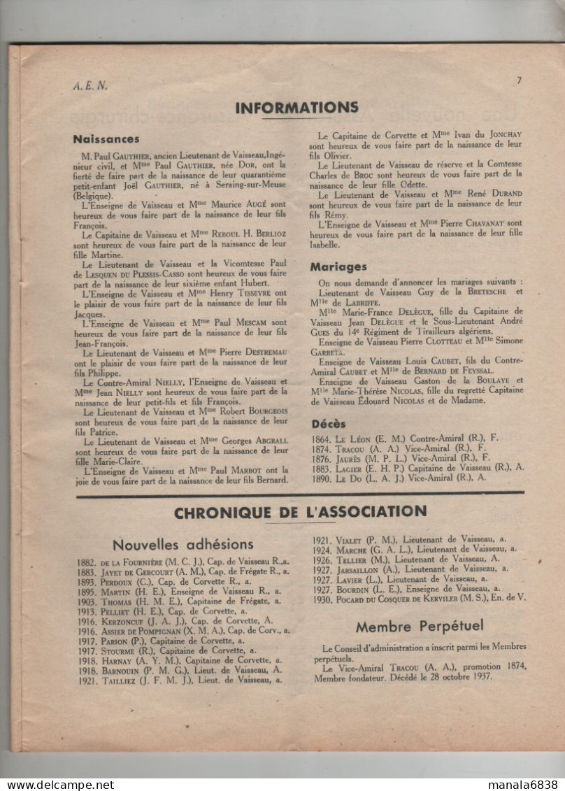 AEN Association Amicale Ecole Navale Theunissen 1938 Bulletin - French