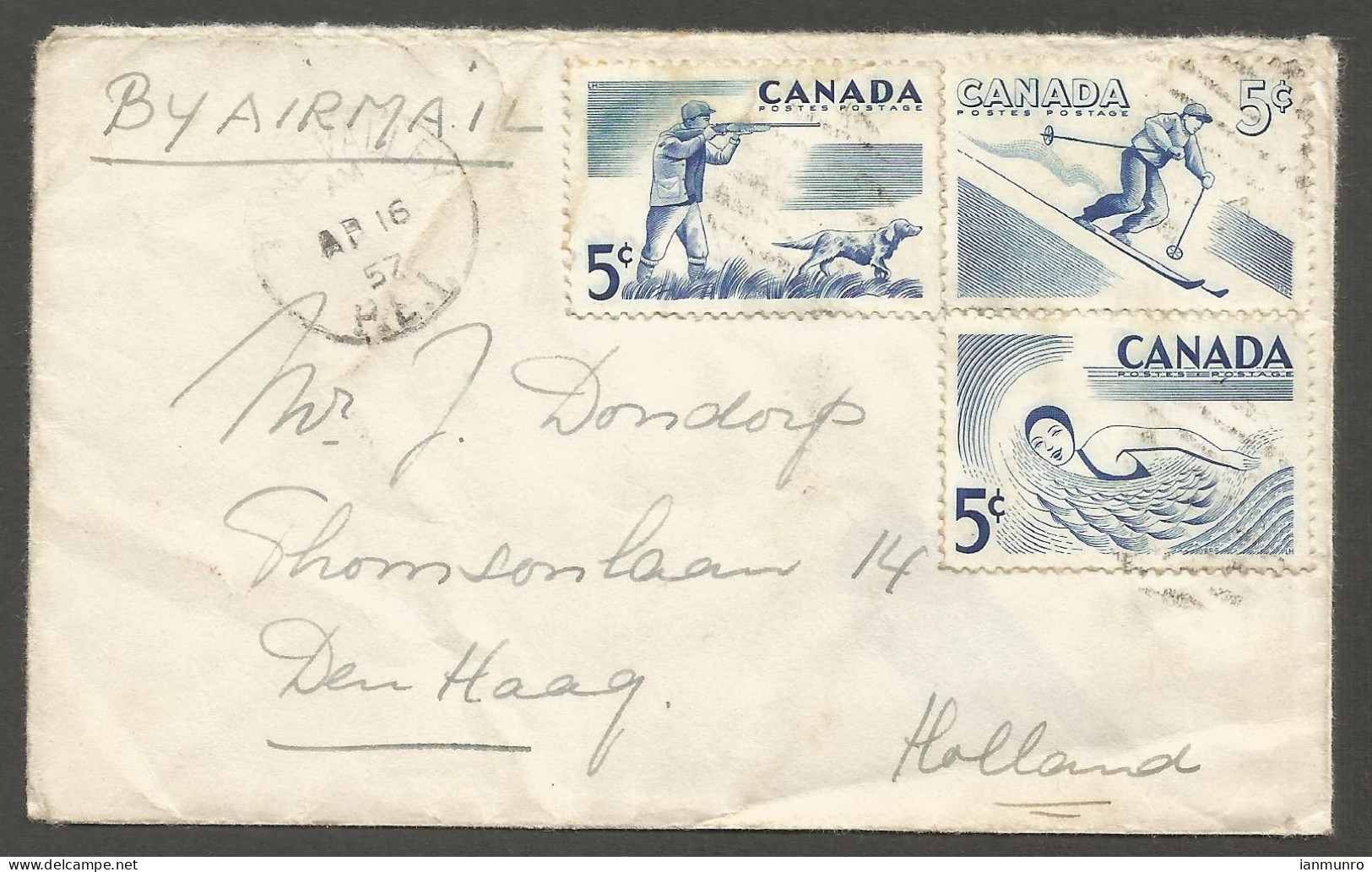 1957 Airmail Cover 15c Sports Multi CDS Tyne Valley PEI Prince Edward Island To Holland - Histoire Postale