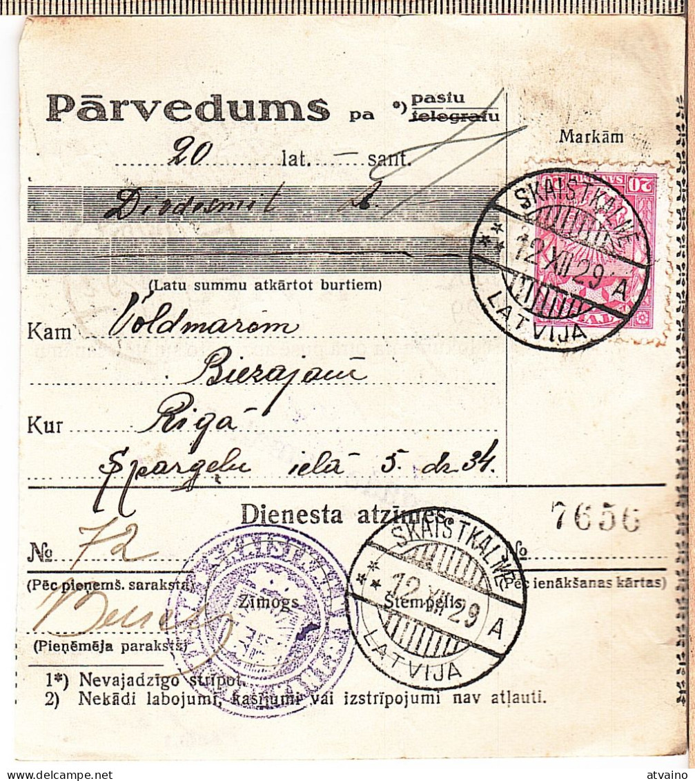 Latvia Lettland 1929 Postal History Money Transfer Receipt - Lettonie