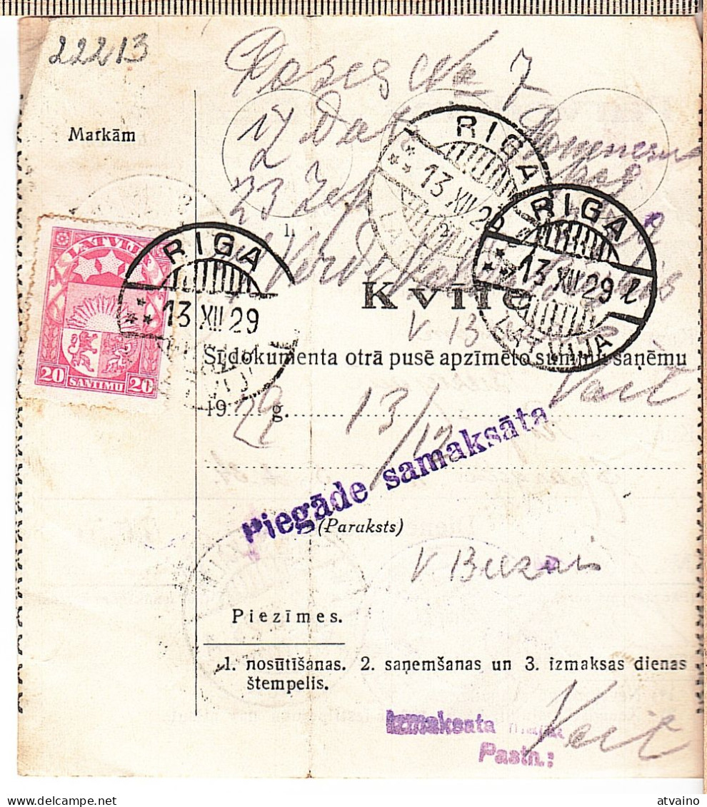 Latvia Lettland 1929 Postal History Money Transfer Receipt - Lettonie