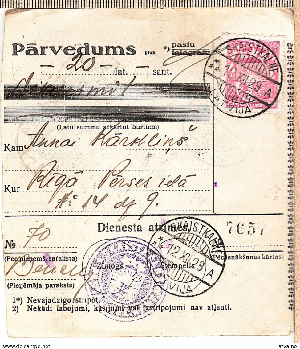 Latvia Lettland 1929 Postal History Money Transfer Receipt - Lettonie