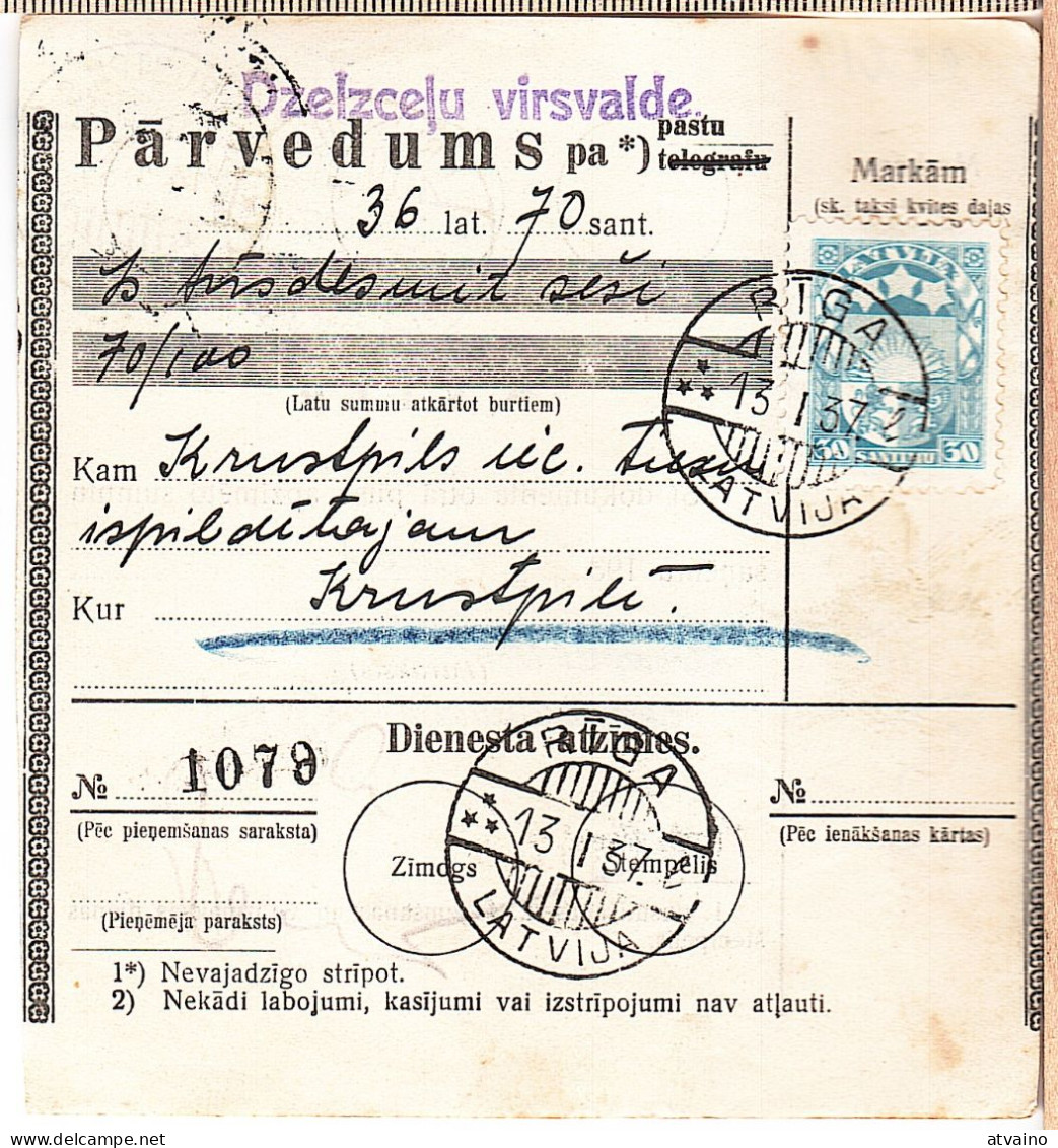 Latvia Lettland 1937 Postal History Money Transfer Receipt - Lettonie