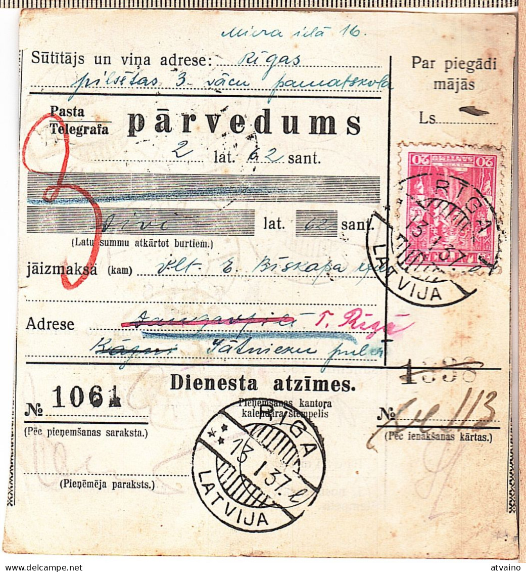 Latvia Lettland 1937 Postal History Money Transfer Receipt - Lettonie