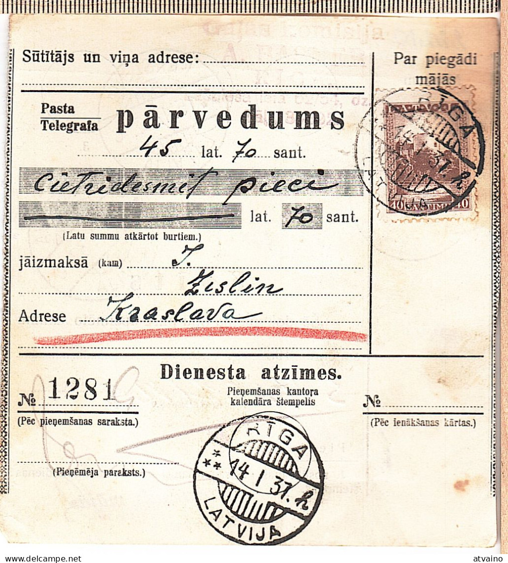 Latvia Lettland 1937 Postal History Money Transfer Receipt - Lettonie