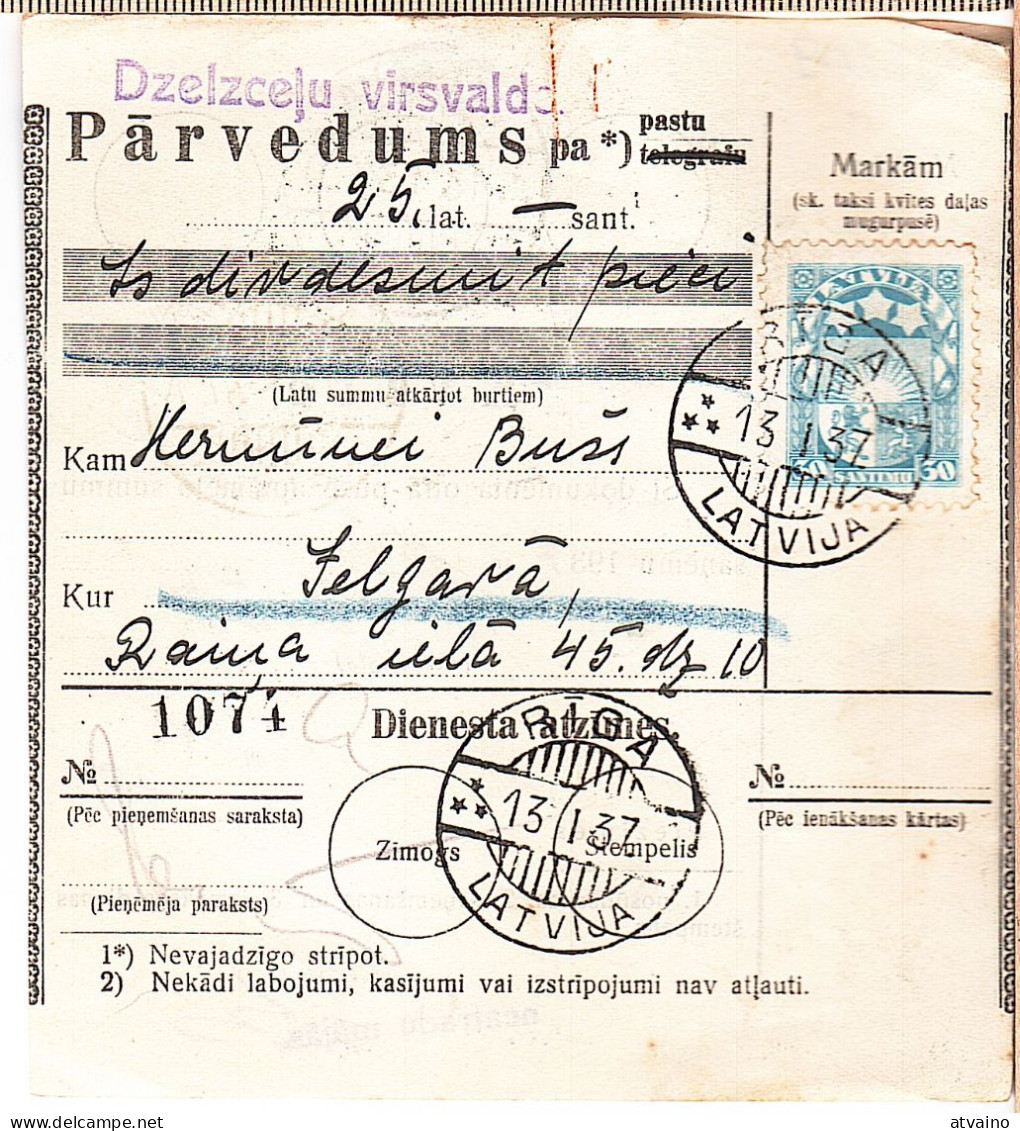 Latvia Lettland 1937 Postal History Money Transfer Receipt - Lettonie
