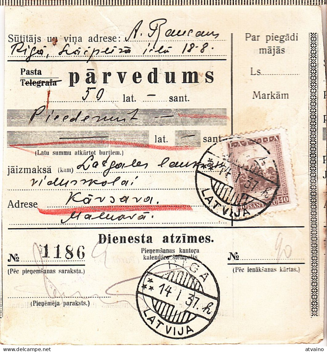 Latvia Lettland 1937 Postal History Money Transfer Receipt - Lettonie