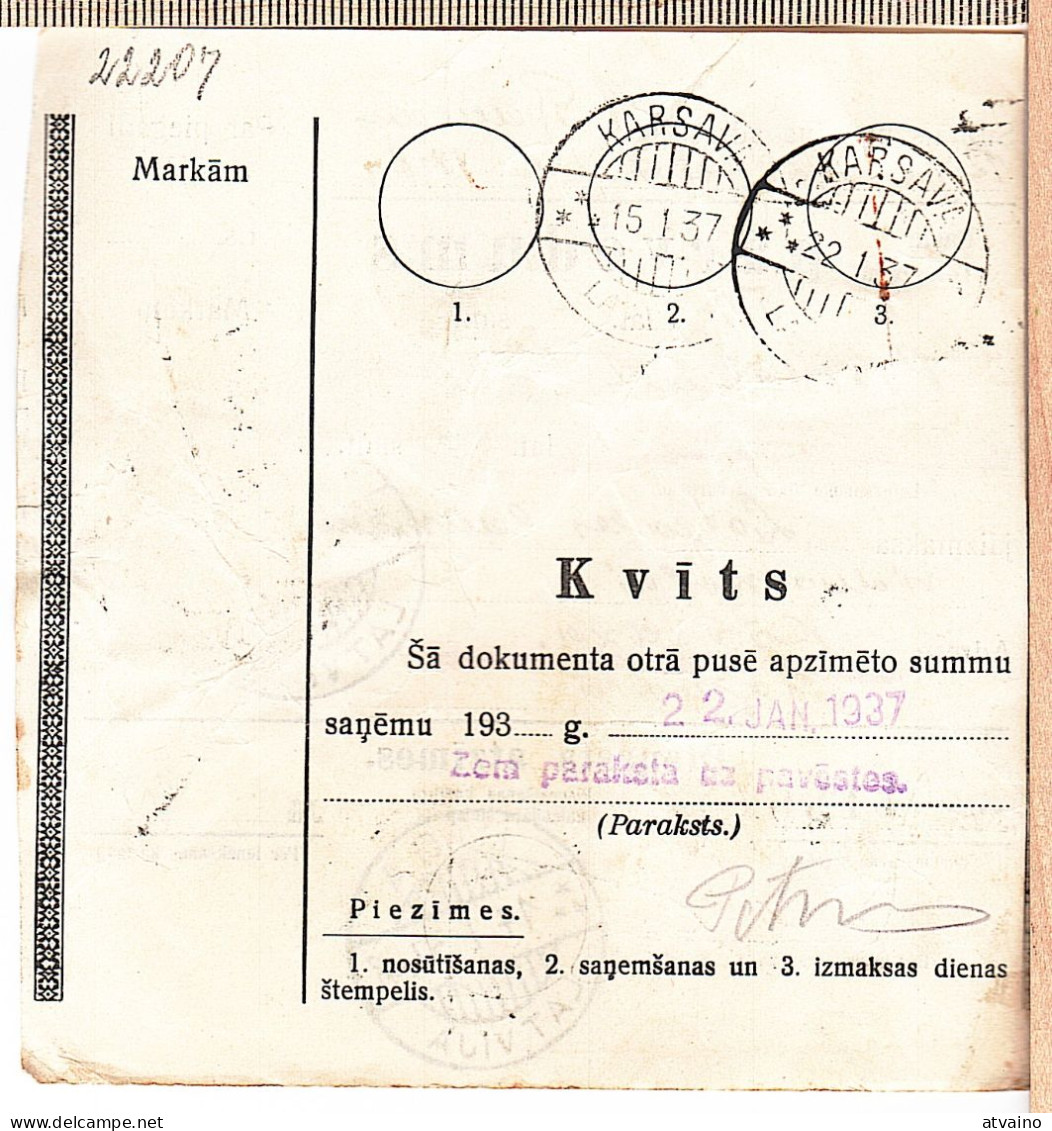 Latvia Lettland 1937 Postal History Money Transfer Receipt - Lettonie