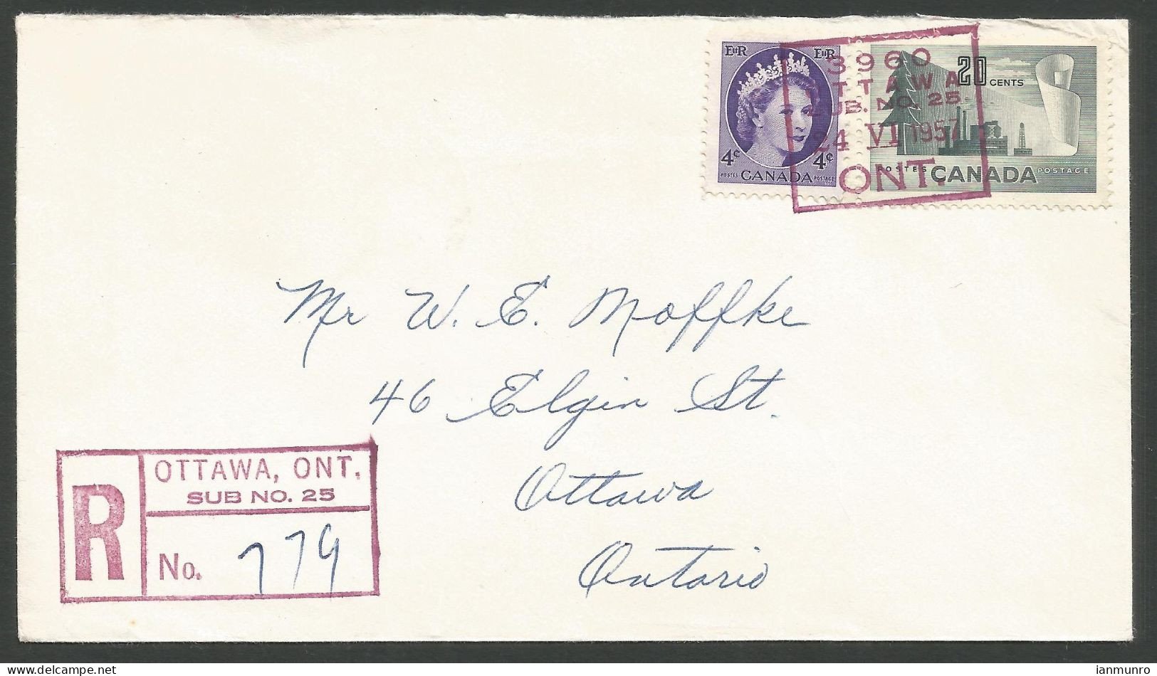 1957 Registered Cover 24c Forestry/Wilding MOON Ottawa Ontario Sub No 25 Local - Storia Postale