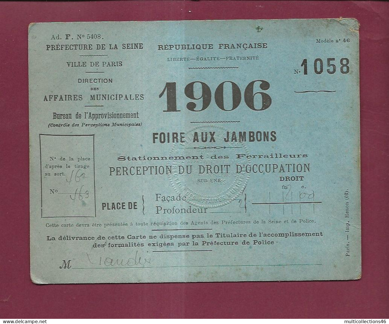 050224 - RF PARIS 1906 N°1058 FOIRE AUX JAMBONS Stationnement Ferrailleur Réception Droit Occupation - Chambre De Commerce