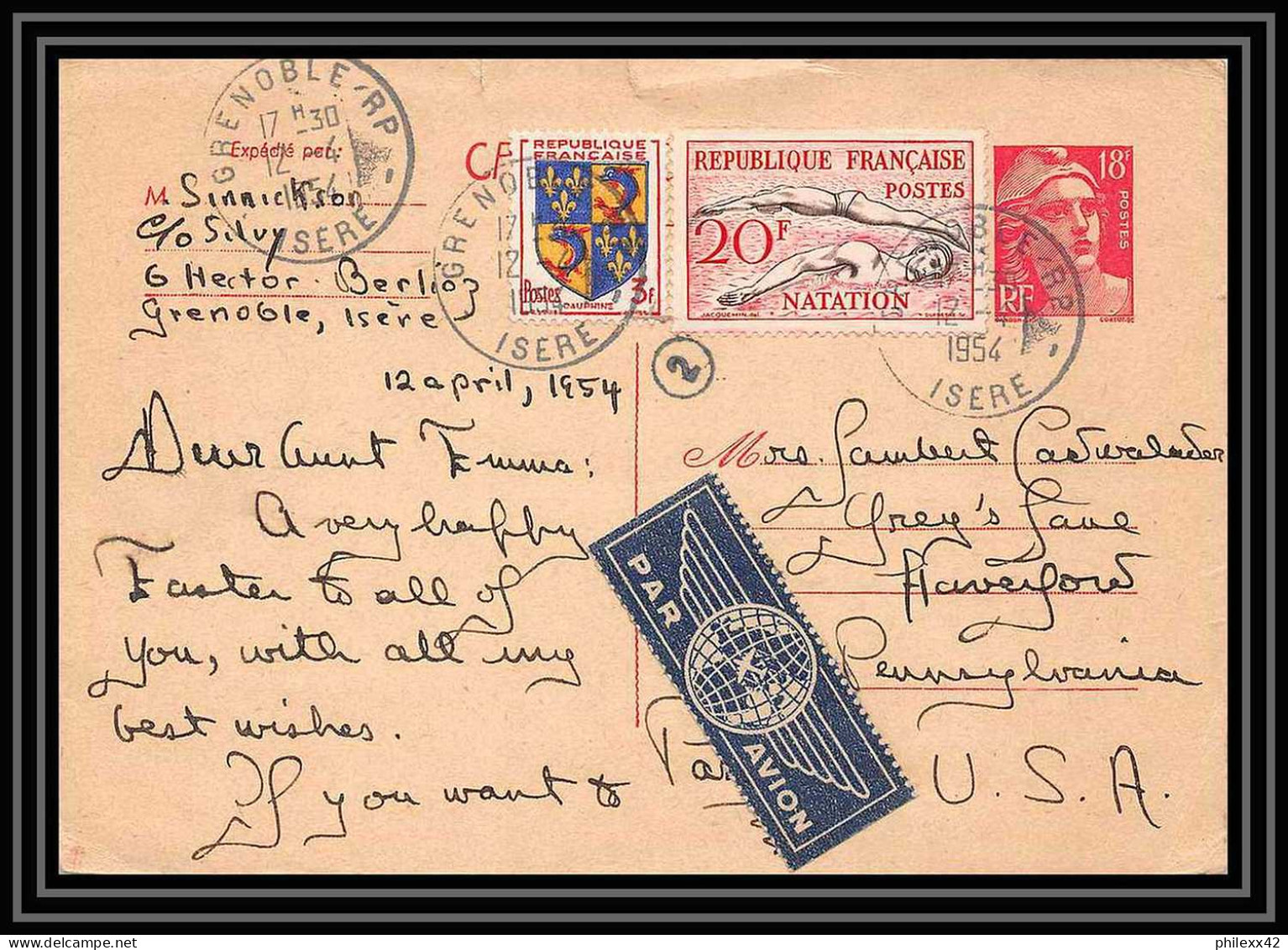 1239 France Entier Carte Postale Gandon 18f Rouge Melbourne Nantation Complément Jeux Olympiques Olympic Games 41f Usa - Verano 1952: Helsinki