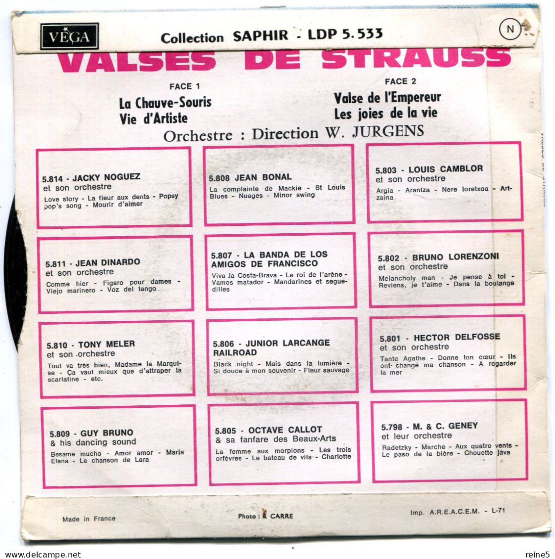 VALSES DE STRAUSS >> VALSE DE L'EMPEREUR LA CHAUVE-SOURIS JOIE DE LA VIE >> VINYLE & POCHETTE BON USAGE REF-LEX-80-80A - Oper & Operette