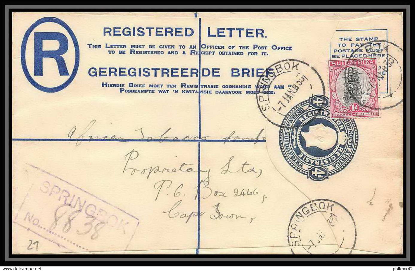 1722/ Afrique Du Sud (RSA) N°2 Complément Entier Stationery Enveloppe (cover) Registered 1935 - Covers & Documents