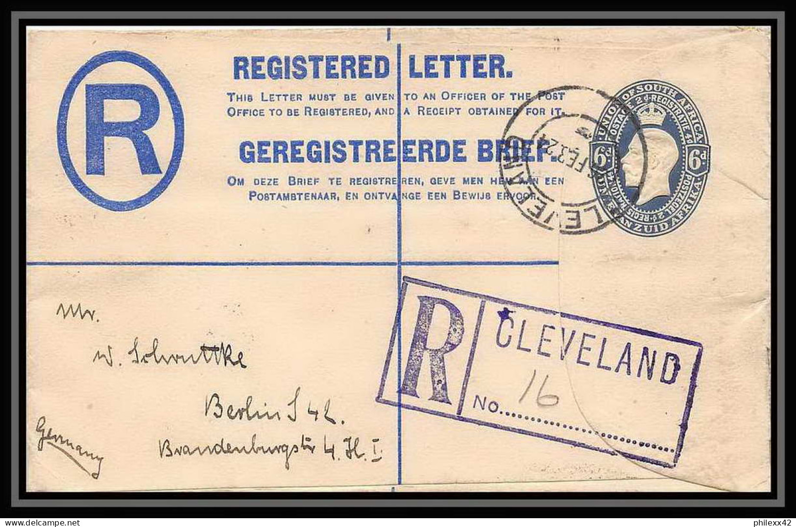 1721/ Afrique Du Sud (RSA) N°5 Complément Entier Stationery Enveloppe Cover Registered Berlin Allemagne (germany) 1924 - Covers & Documents