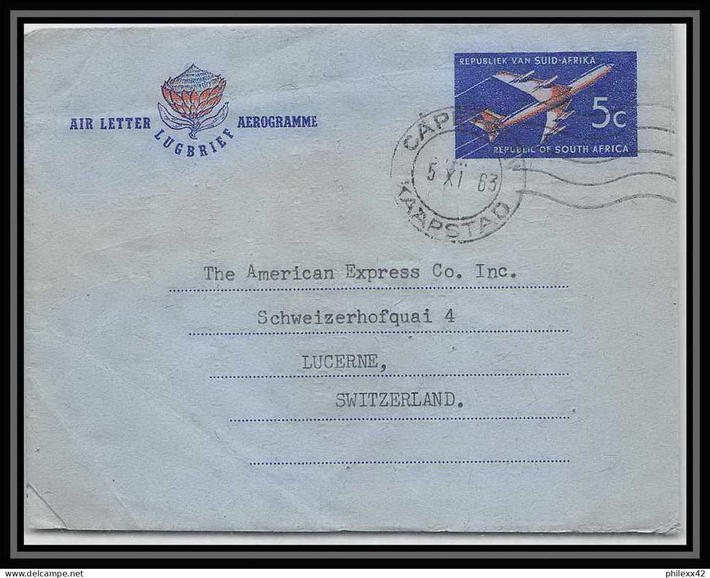 1729/ Afrique Du Sud (RSA) N°53 Entier Stationery Aérogramme Air Letter Pour Lucerne Suisse (Swiss) 1962 - Brieven En Documenten