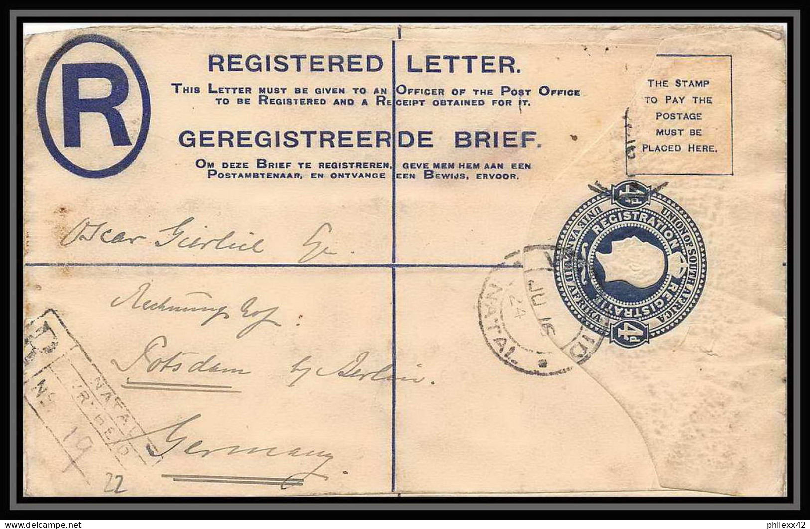 1723/ Afrique Du Sud (RSA) N°2 Complément Entier Stationery Enveloppe (cover) Registered Pour Allemagne (germany) 1924 - Covers & Documents