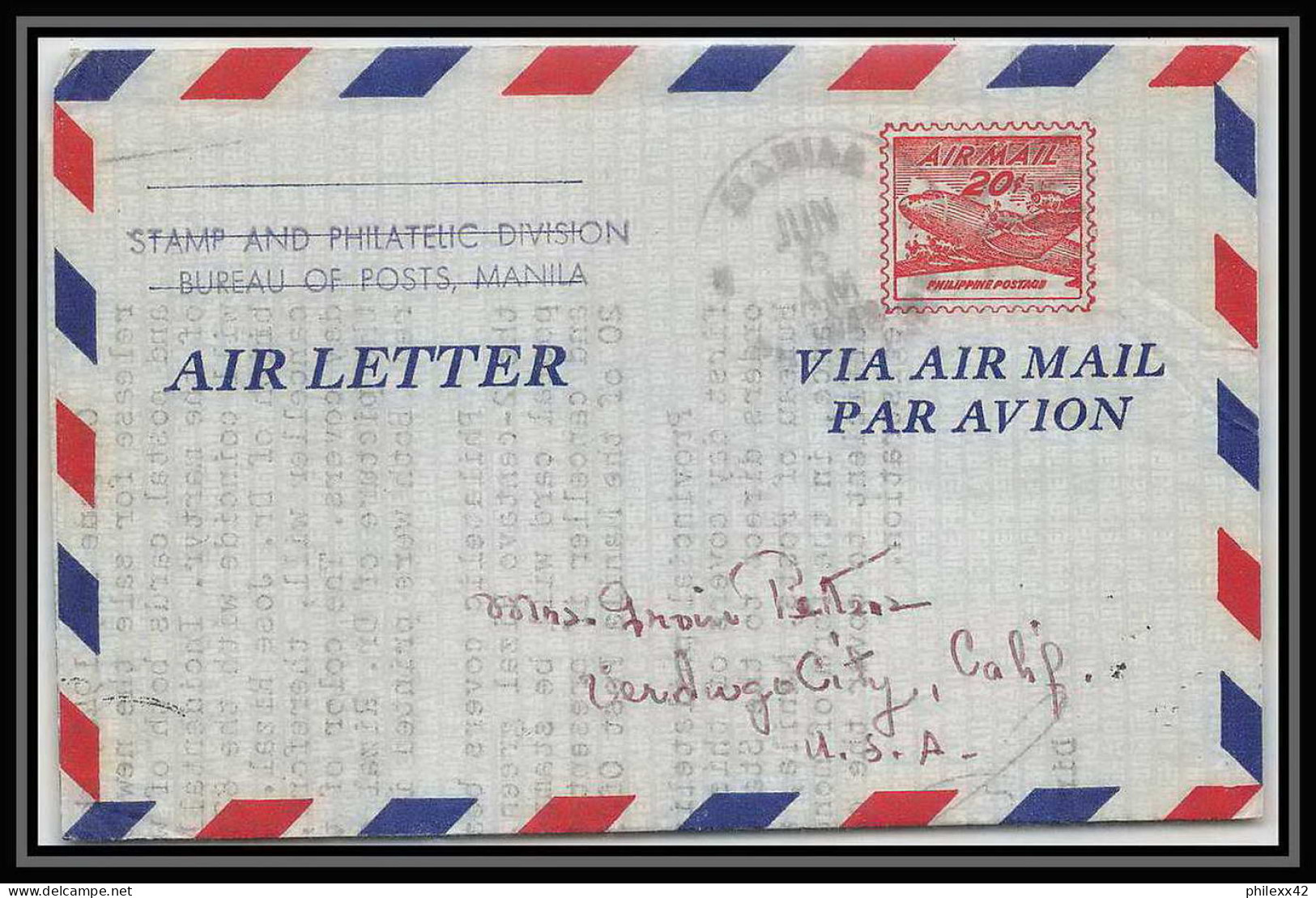 1863/ Philippines (pilipinas) Entier Stationery Aérogramme Air Letter N°2 Pour Usa 1948 - Filipinas