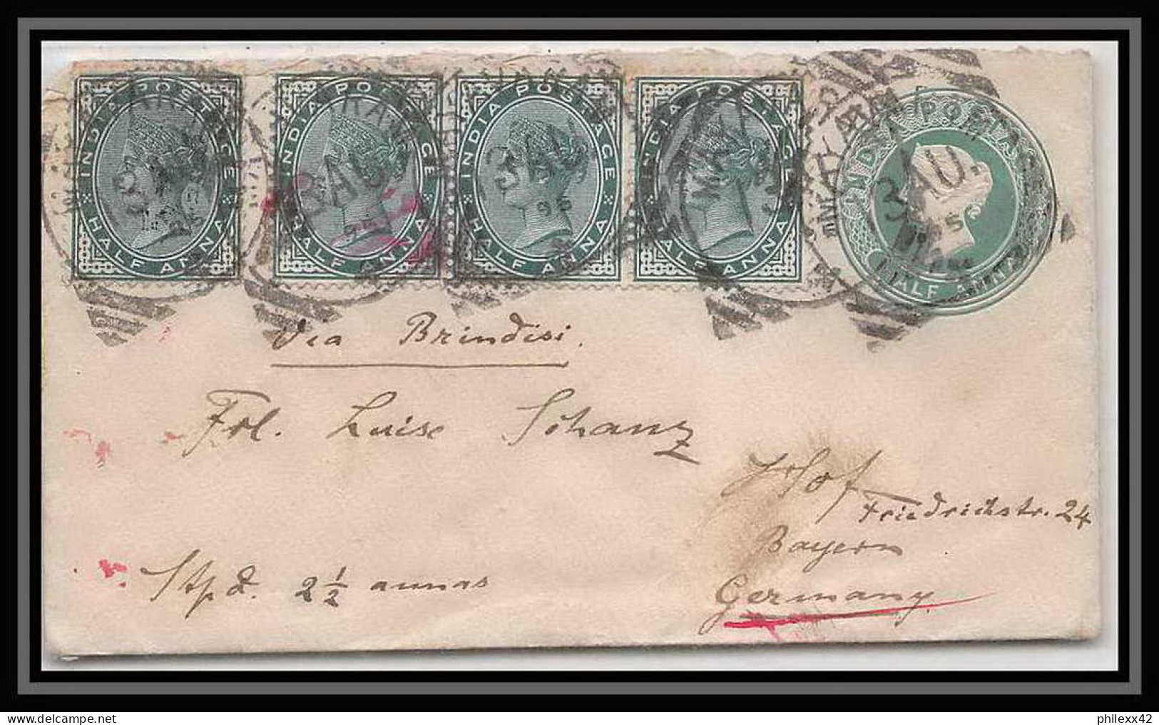 1925/ Inde (India) Entier Stationery Enveloppe (cover) N°4 Victoria 1/2 Anna Green Pour Allemagne Germany 1895 - Covers