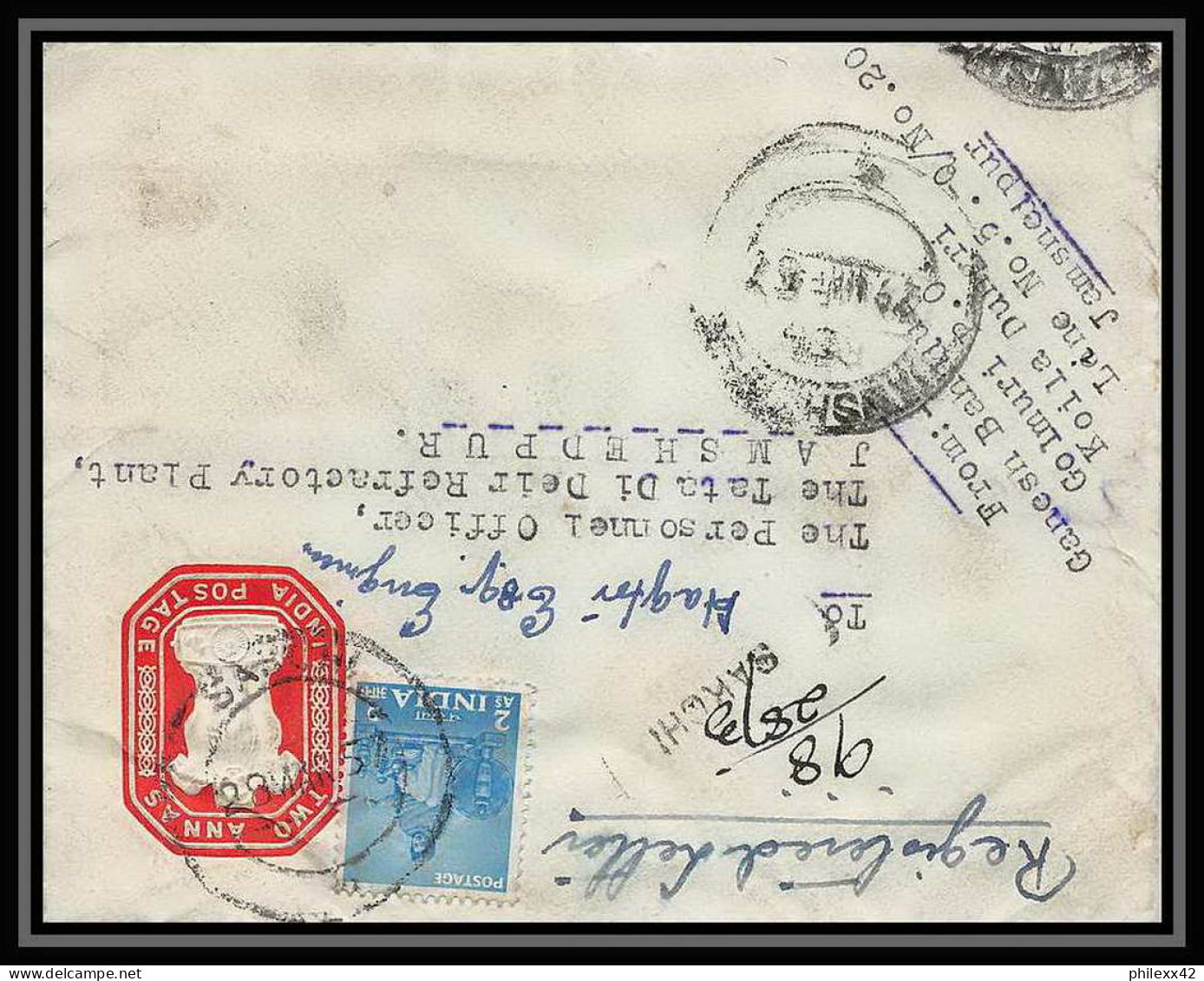 1943/ Inde (India) Entier Stationery Enveloppe (cover) N°21 Registered 1957 - Covers